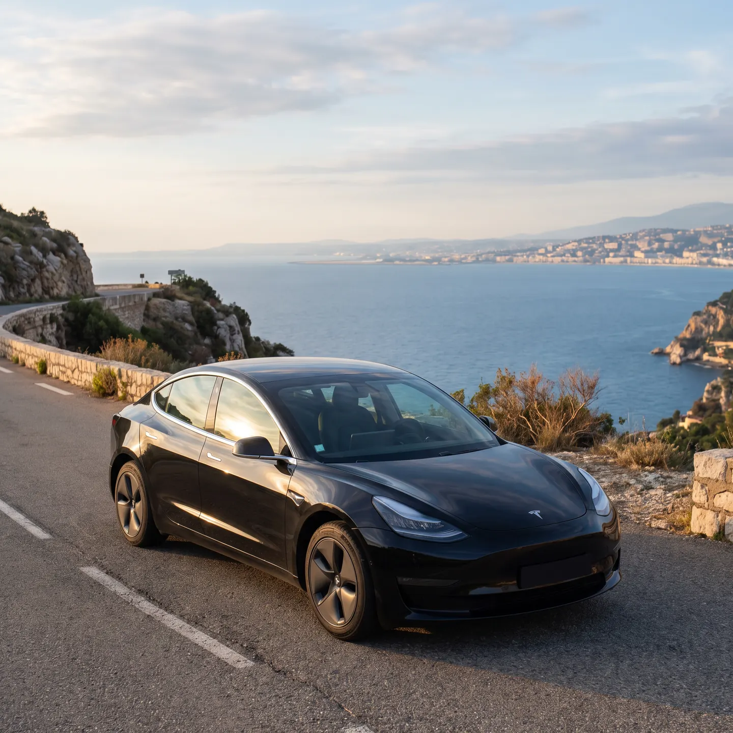 Tesla Model 3 noire d'Azur VIP Services sur la Corniche, la baie de Nice en arrière-plan