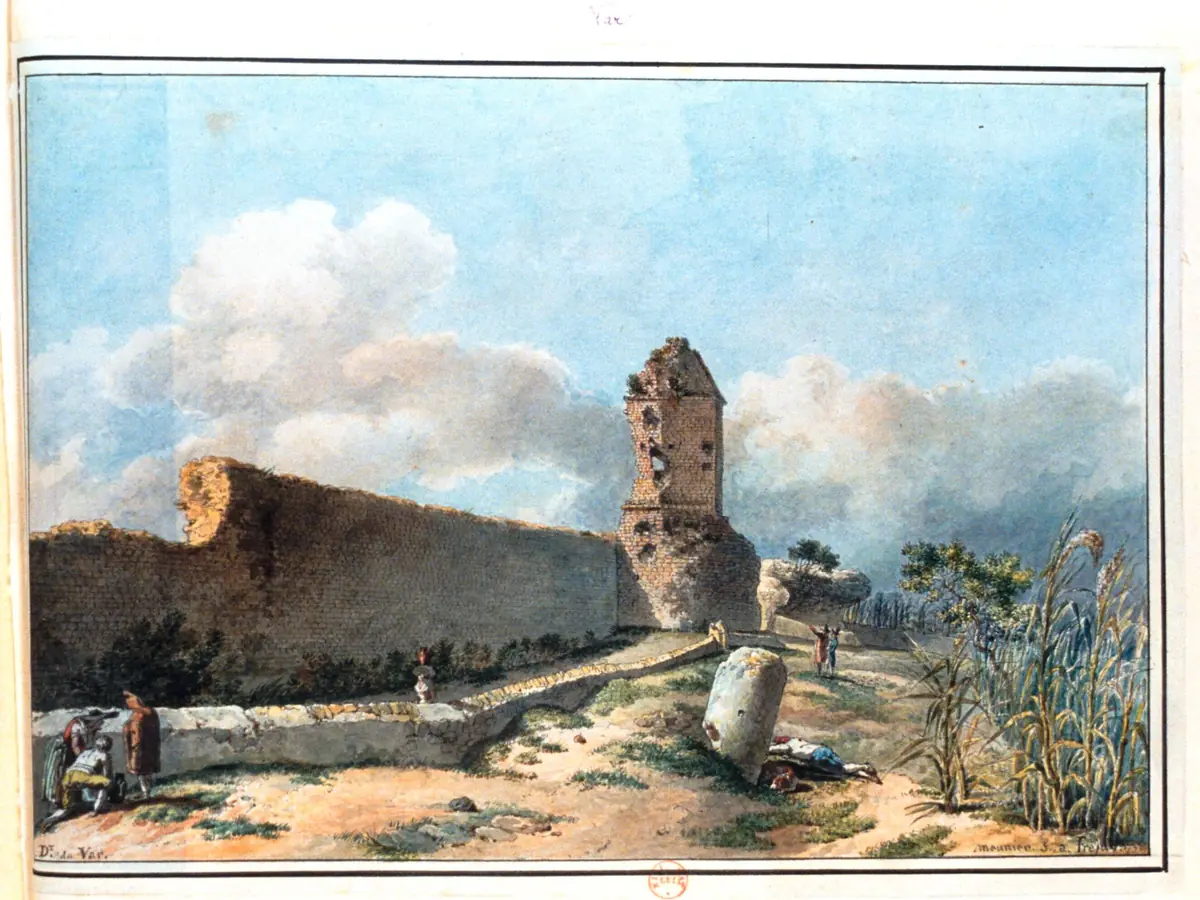 La lanterne d'Auguste et les ruines du port romain de Fréjus, dessin ancien