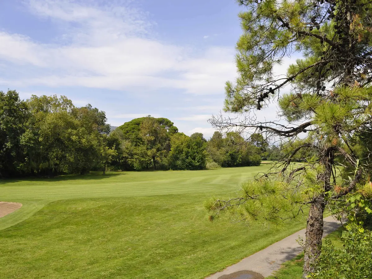 Un fairway du golf de Cannes-Mandelieu sous les pins parasols