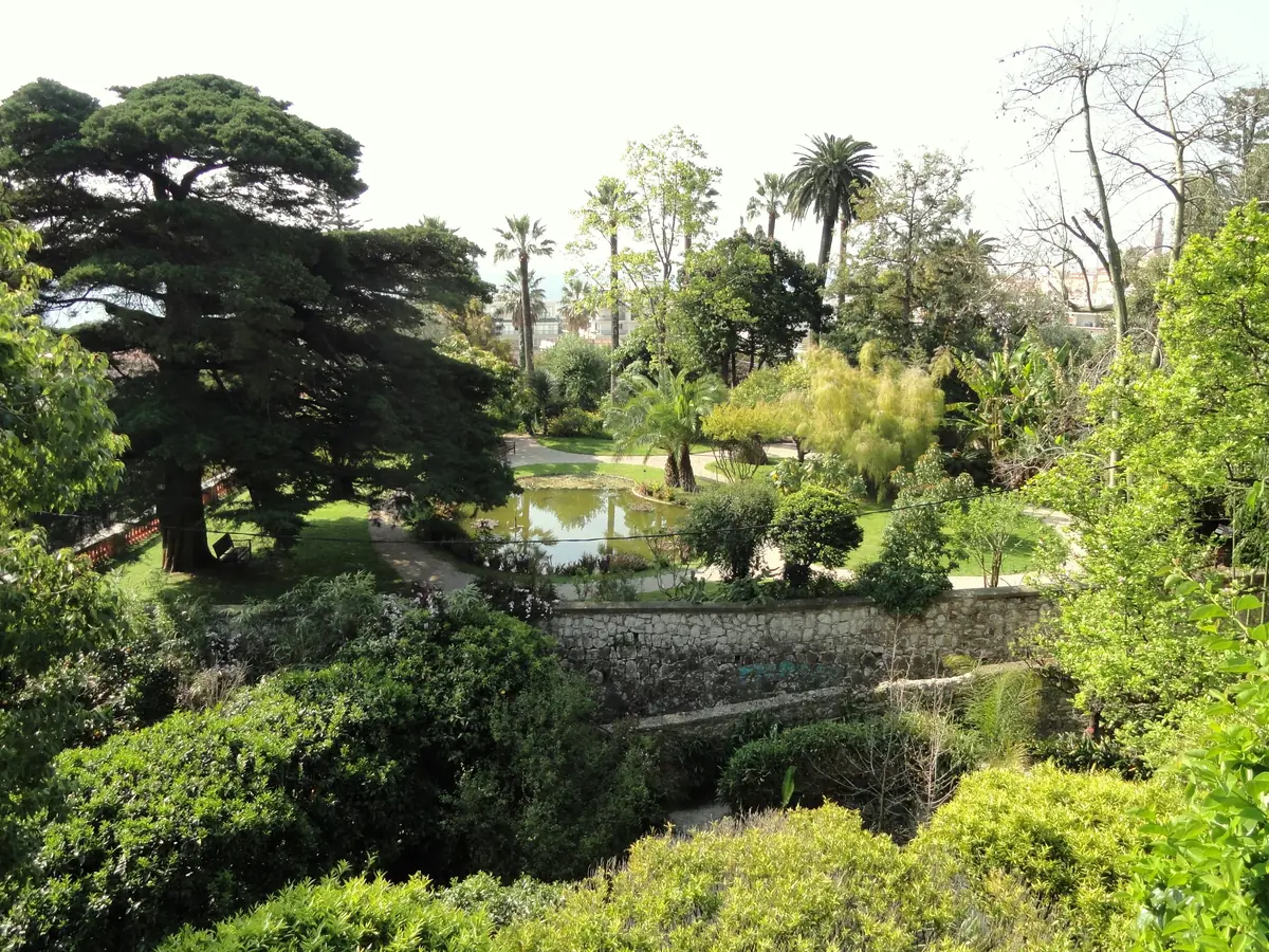 Bassin et grands arbres du jardin botanique Val Rahmeh à Menton